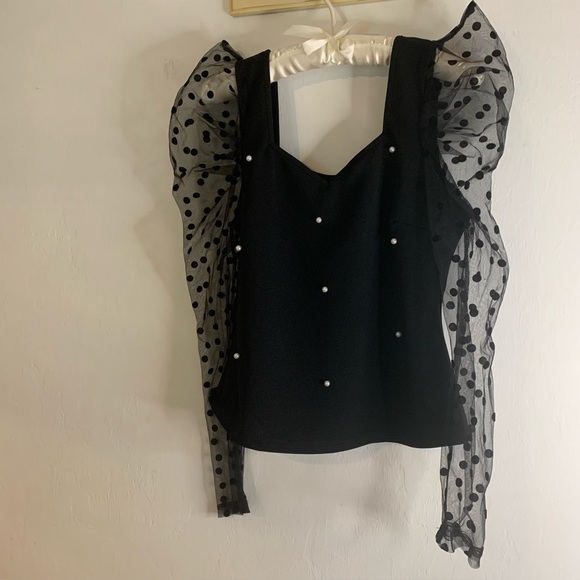 Shein Black Top Embellished Sweater Sheer Polka Dot Puff Long Sleeve Womens Sz L - Picture 6 of 16